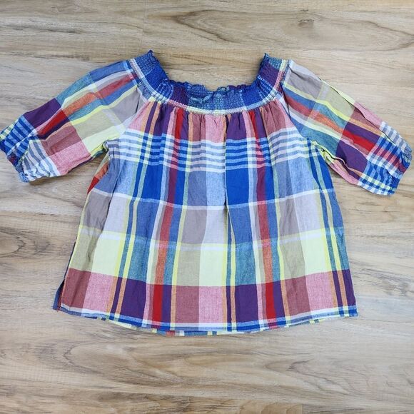 🔺️Lane Bryant Colorful Plaid Linen Blend Off-Shoulder Top Size 14-16 - Picture 2 of 13